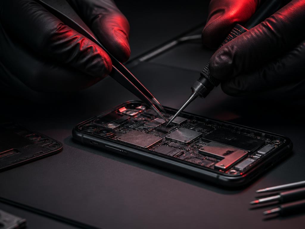 Smartphone being repaired with precision tools
